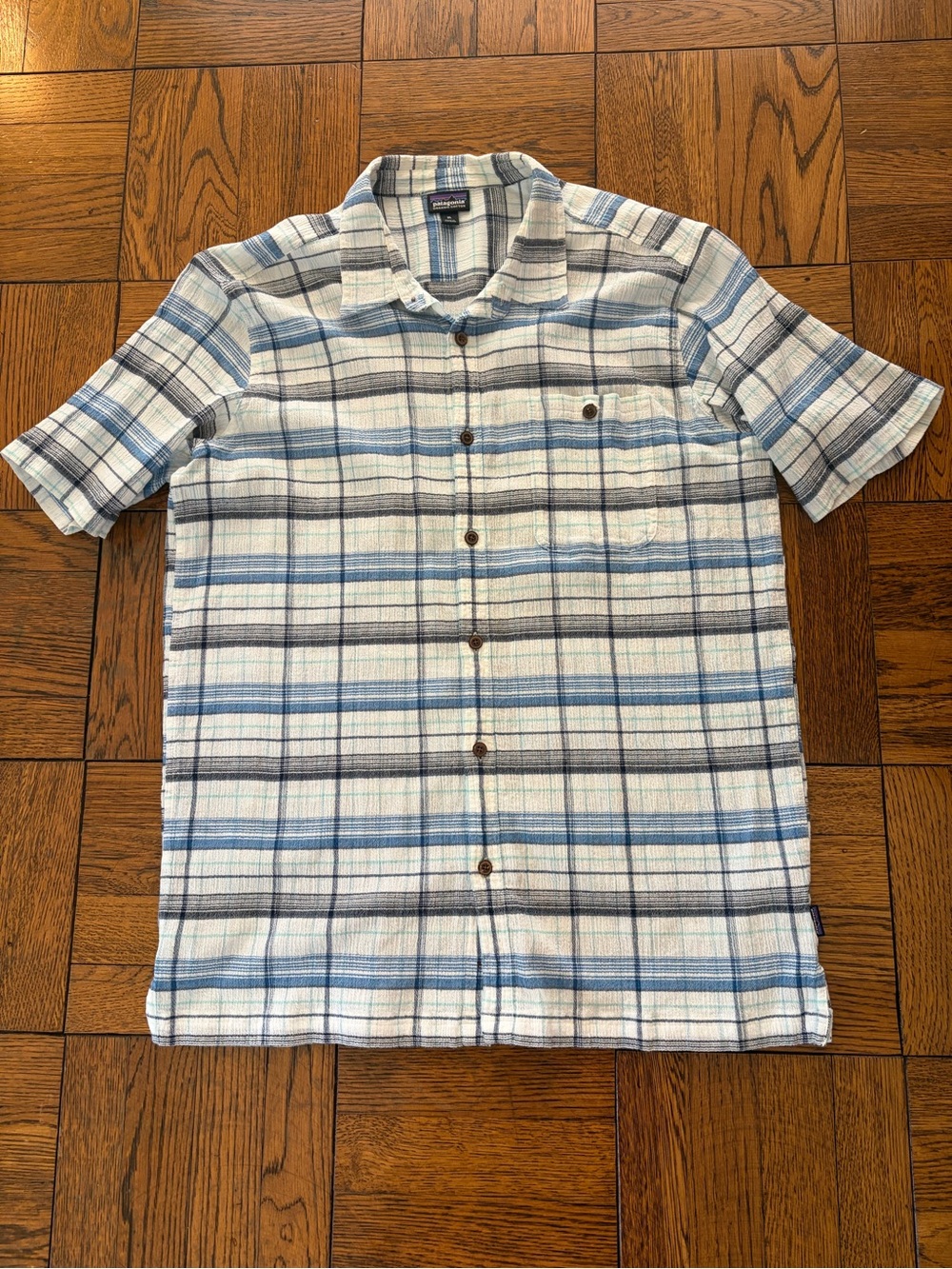 Patagonia A/C Short-Sleeve Plaid Button-Down Shirt in Blue and White
